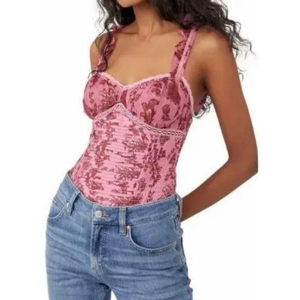 Free People Womens Weekend Plans Bodysuit Floral Hot Pink Size Extra Large NEW